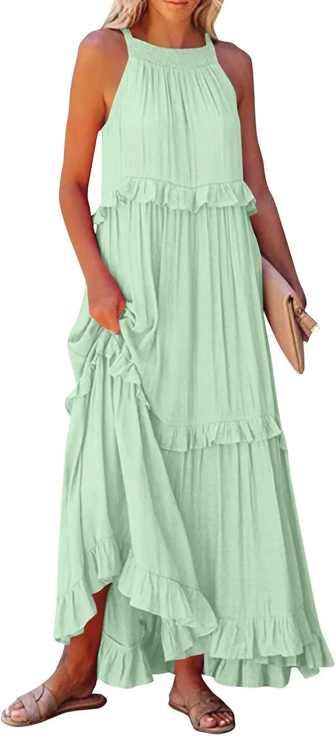 Smocked Dress for Women Summer Sleeveless Tank Dresses Halter Tie Back Loose Flowy Ruffle Tiered Maxi Dress
