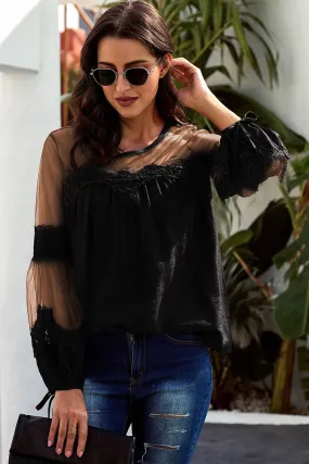 Spliced Mesh Bubble Sleeve Blouse