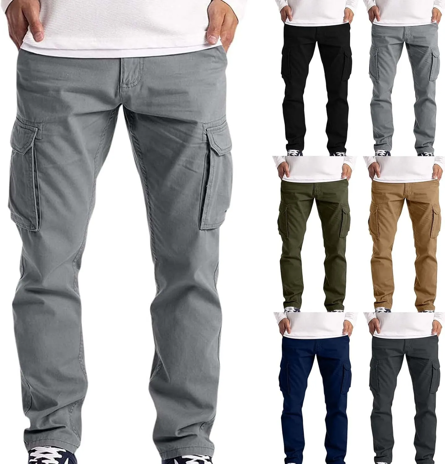 Thatrich Mens Cargo Pants Relaxed Fit Sweatpants for Jogging Straight Leg Trousers Solid Color Casual Cargo Pant Multi Pocket
