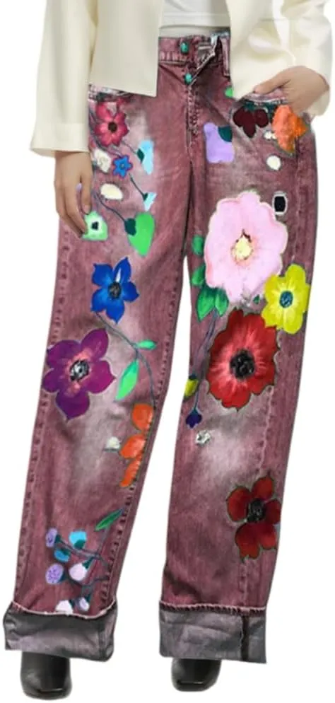TIAFORD Women's Fashion Flower Graphic Washed Jeans Casual Chic Floral Print Straight Leg Denim Pants Zipper Trousers Outfits