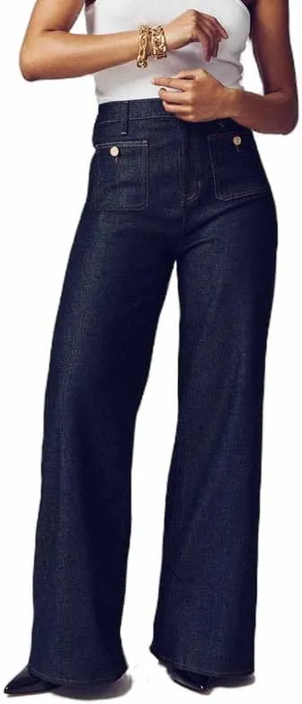 Tummy Control Sailor Wide Leg Trouser High Waisted Casual Straight Leg Jeans Buttoned Denim Pants with Pocket
