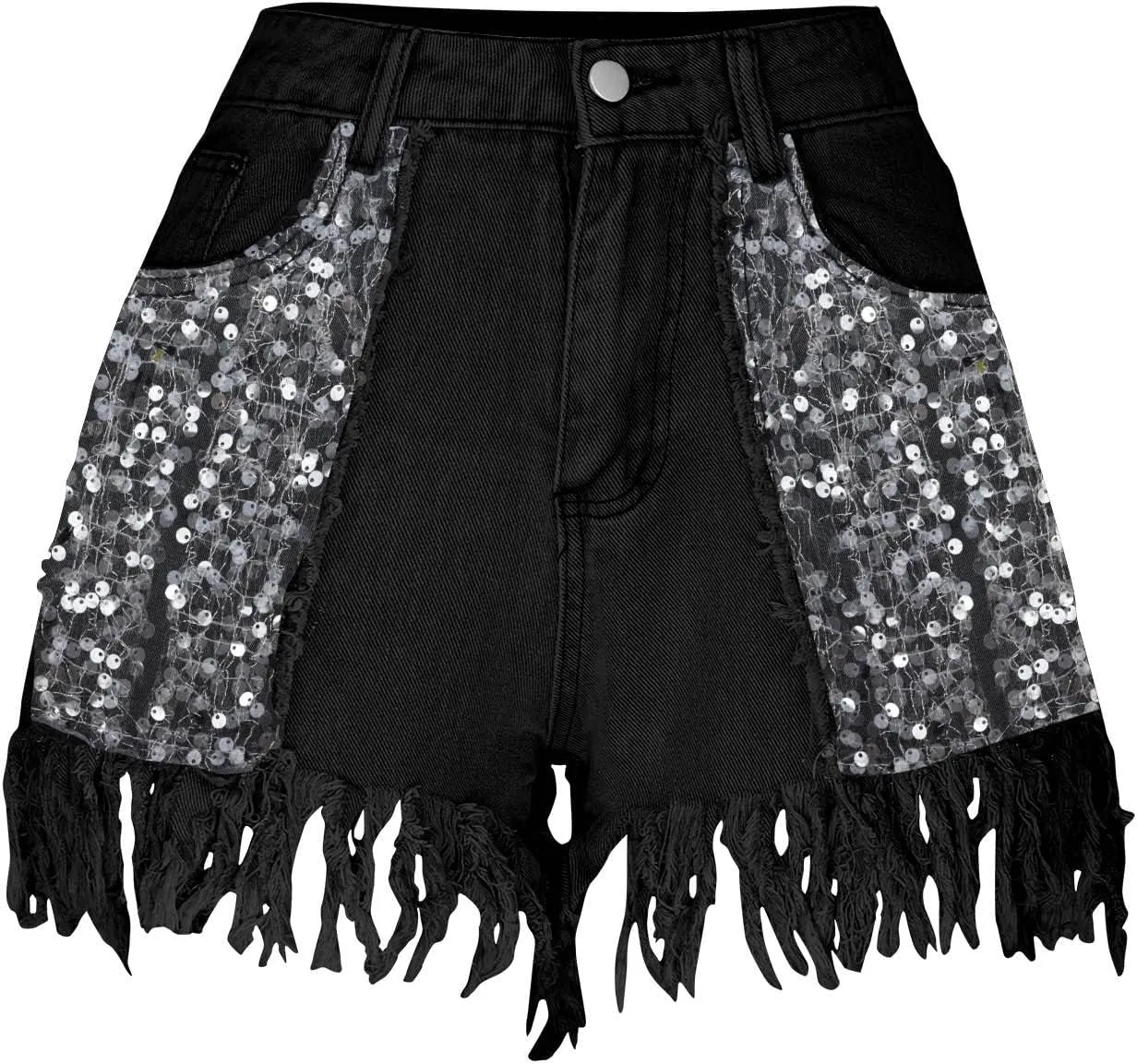 Uillui Jean Shorts Women's Sequin Fringe Denim Shorts Cowgirl High Waisted Stretchy Skinny Sparkly Tassel Hem Booty Shorts