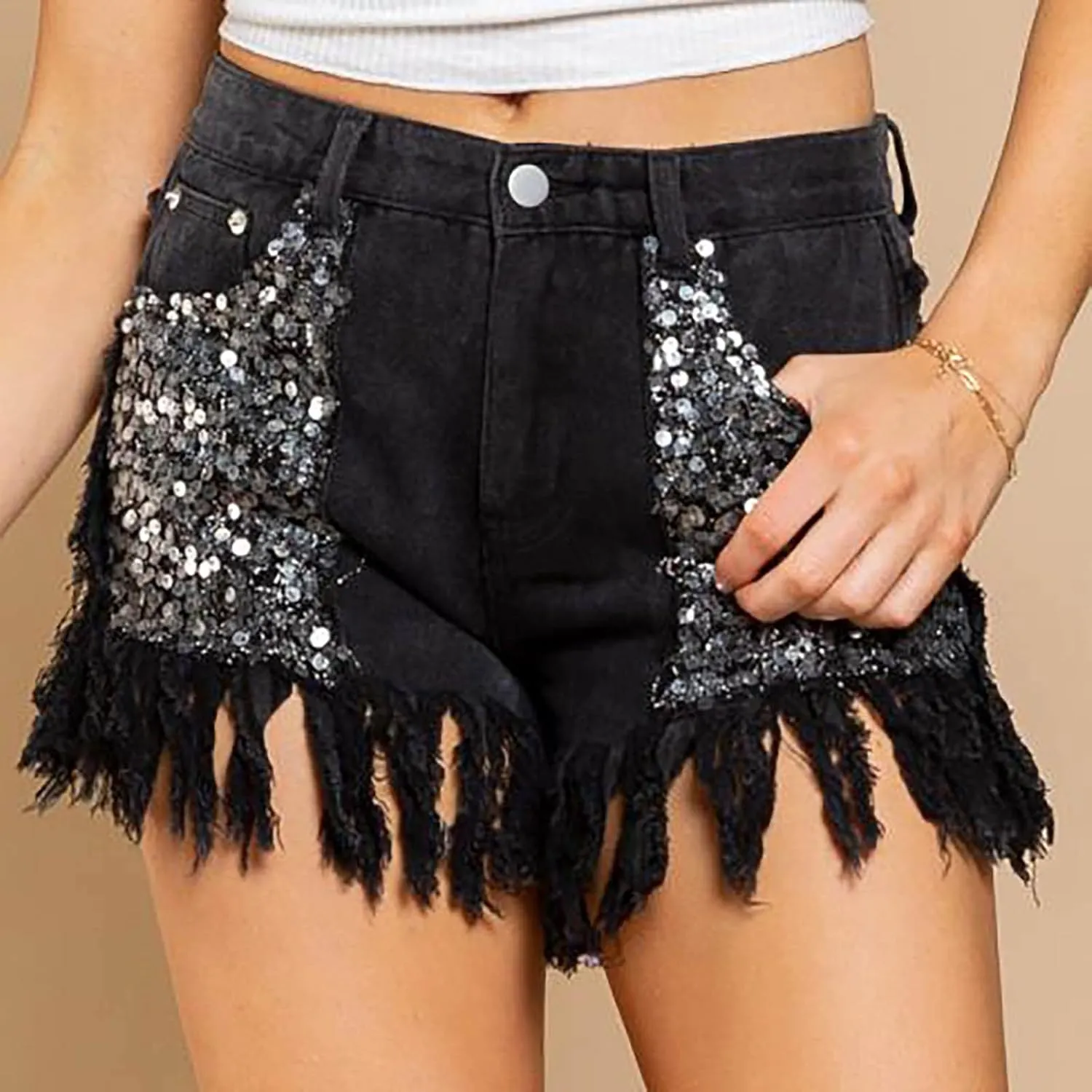 Uillui Jean Shorts Women's Sequin Fringe Denim Shorts Cowgirl High Waisted Stretchy Skinny Sparkly Tassel Hem Booty Shorts