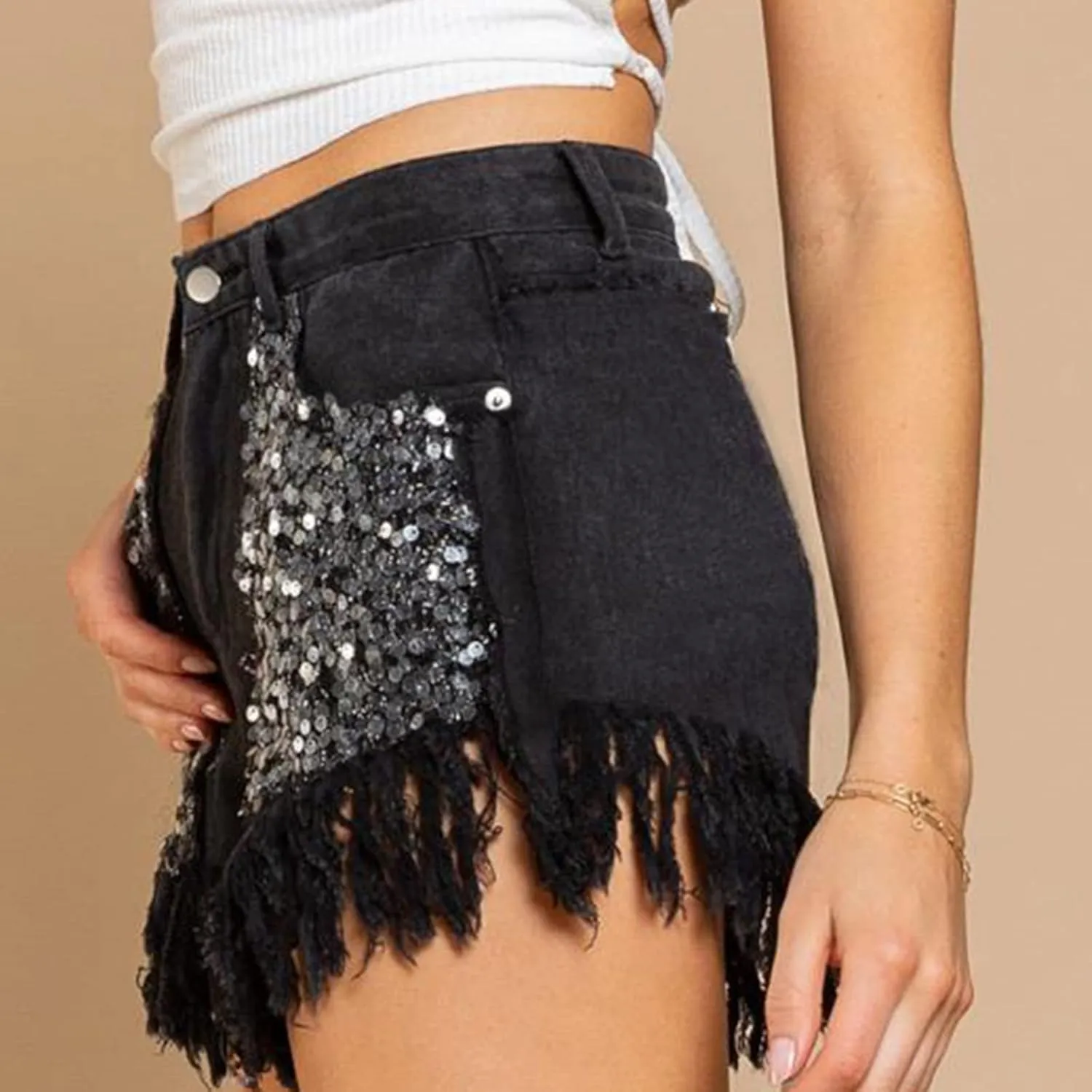 Uillui Jean Shorts Women's Sequin Fringe Denim Shorts Cowgirl High Waisted Stretchy Skinny Sparkly Tassel Hem Booty Shorts