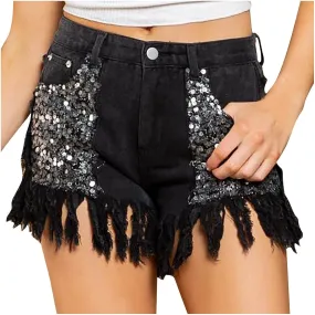 Uillui Jean Shorts Women's Sequin Fringe Denim Shorts Cowgirl High Waisted Stretchy Skinny Sparkly Tassel Hem Booty Shorts