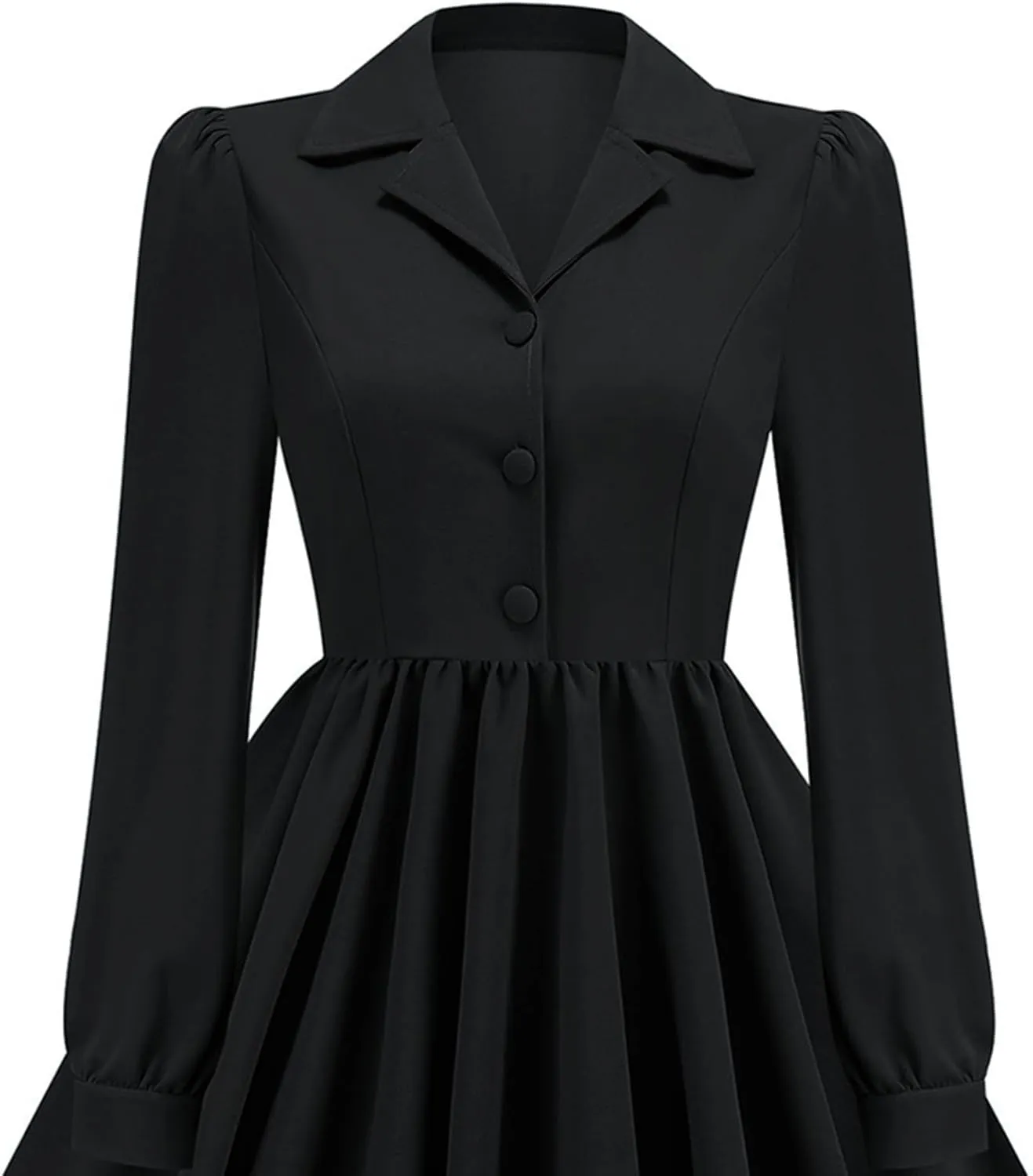 Vintage A-Line Dress for Women Notch Lapel Collar Button Down Dress Elegant Pleated Long Sleeve Solid Maxi Dress