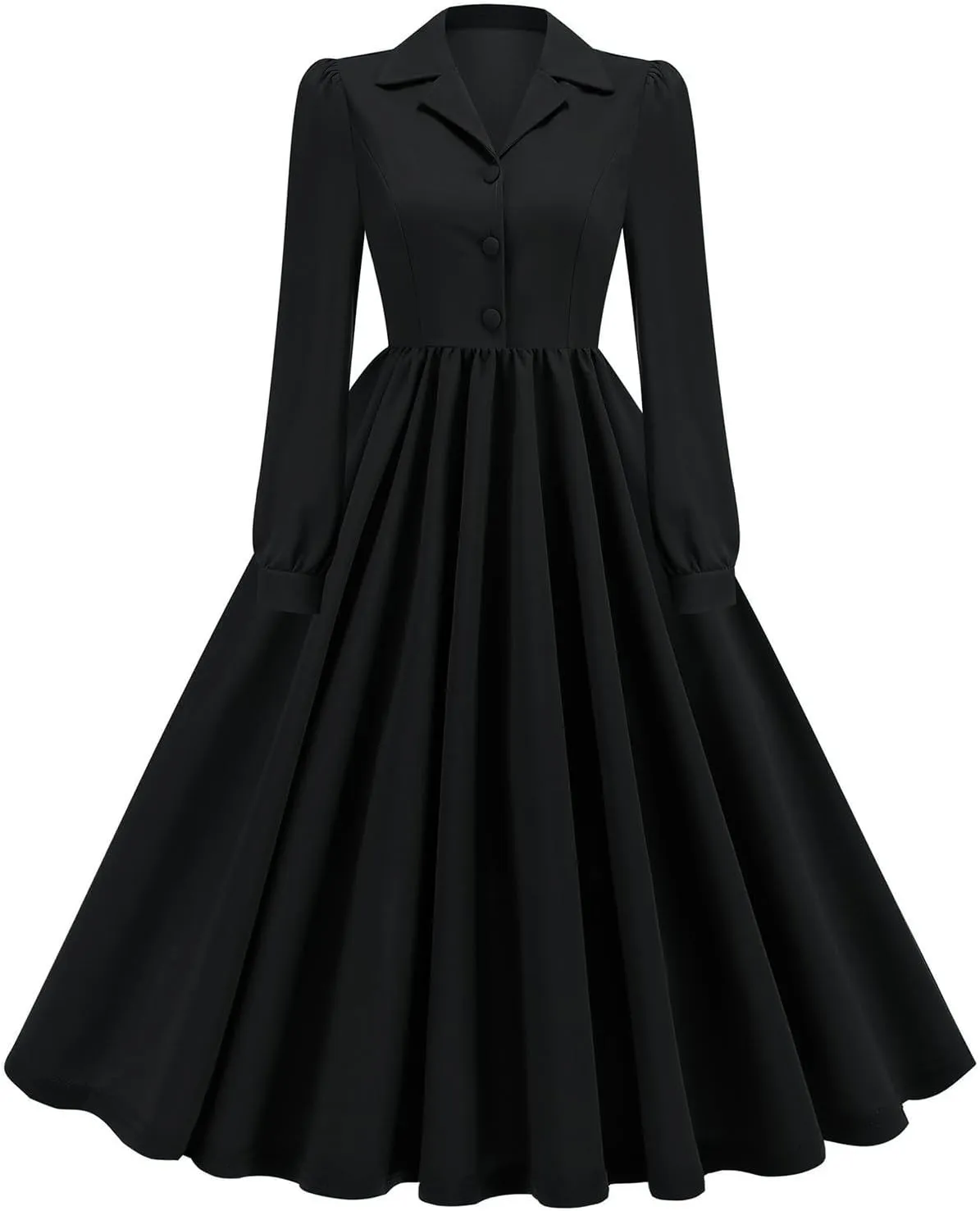 Vintage A-Line Dress for Women Notch Lapel Collar Button Down Dress Elegant Pleated Long Sleeve Solid Maxi Dress
