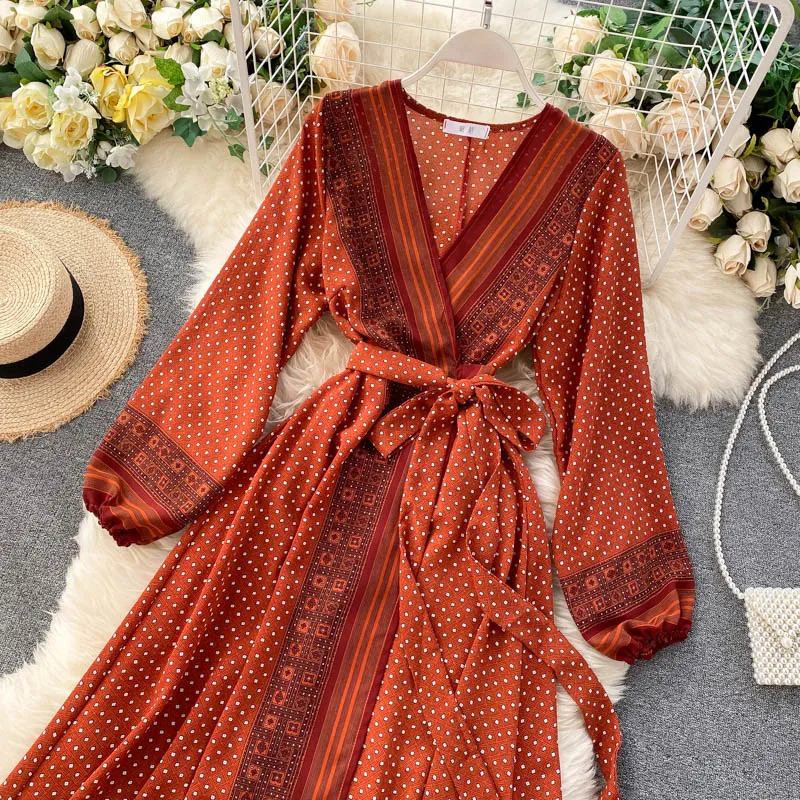 Vintage Dress, Boho Maxi Dress, Gown, India Dot in Brick, Brown and Gray