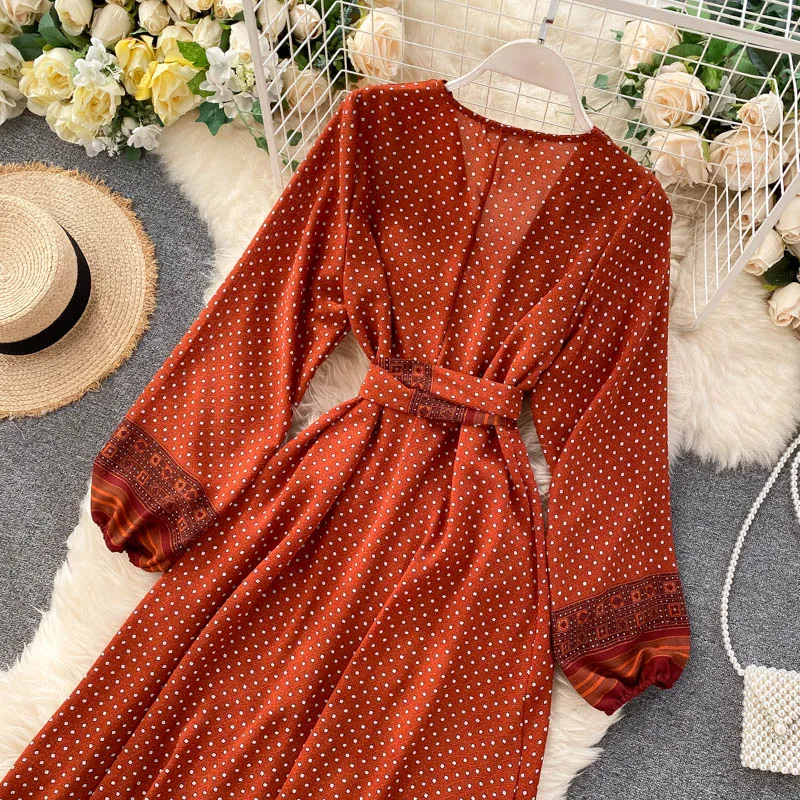 Vintage Dress, Boho Maxi Dress, Gown, India Dot in Brick, Brown and Gray