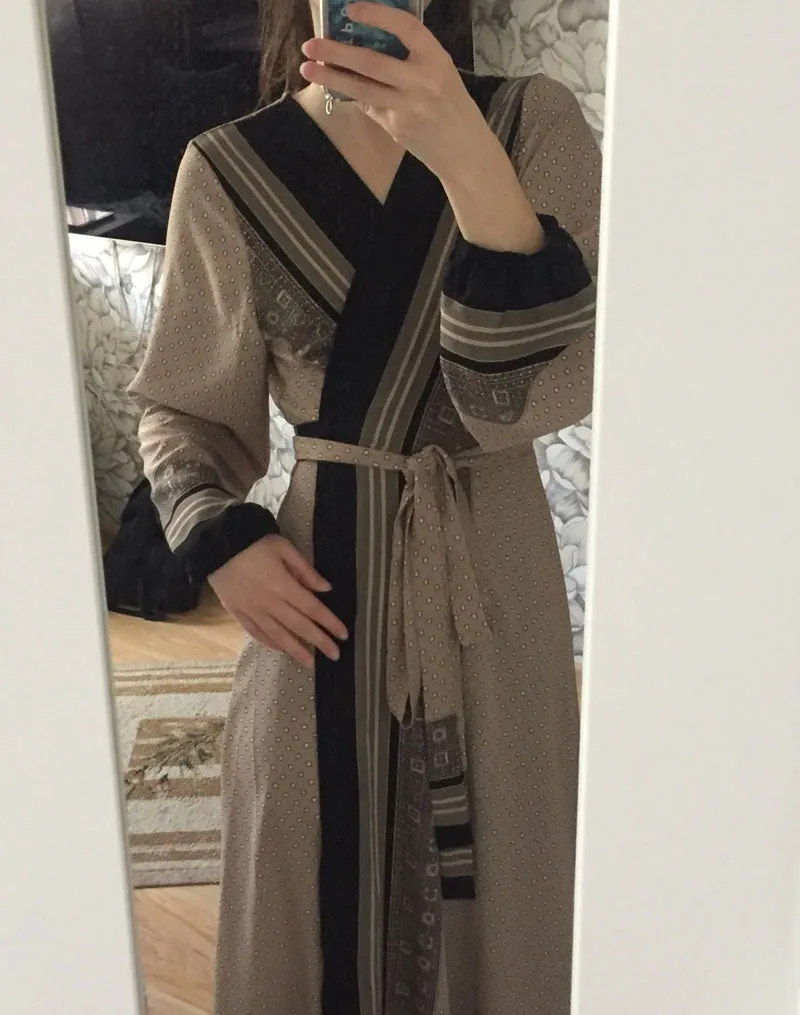 Vintage Dress, Boho Maxi Dress, Gown, India Dot in Brick, Brown and Gray