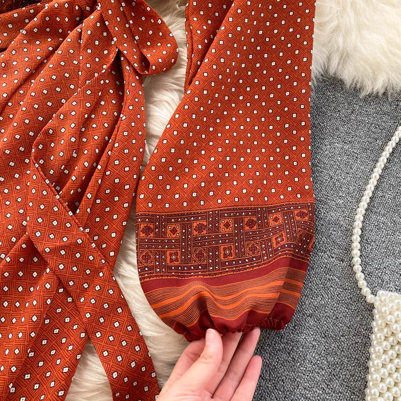 Vintage Dress, Boho Maxi Dress, Gown, India Dot in Brick, Brown and Gray