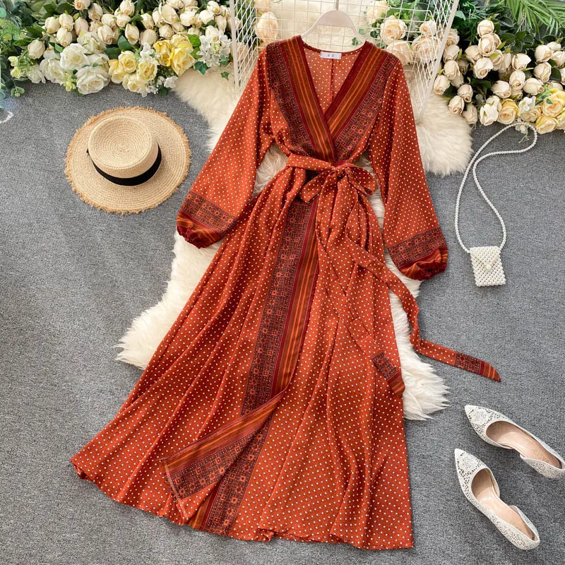 Vintage Dress, Boho Maxi Dress, Gown, India Dot in Brick, Brown and Gray