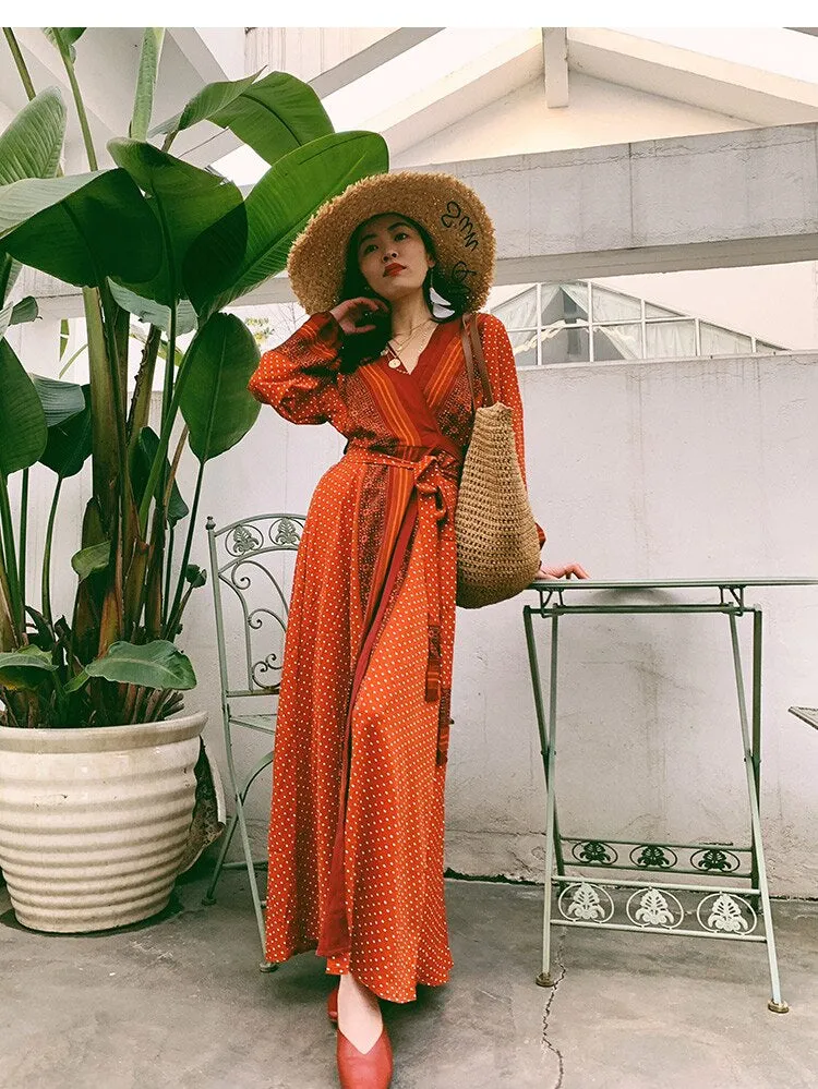 Vintage Dress, Boho Maxi Dress, Gown, India Dot in Brick, Brown and Gray