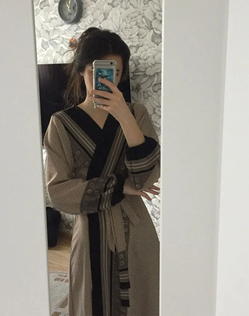 Vintage Dress, Boho Maxi Dress, Gown, India Dot in Brick, Brown and Gray