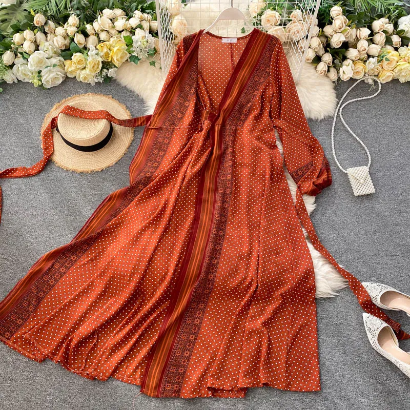 Vintage Dress, Boho Maxi Dress, Gown, India Dot in Brick, Brown and Gray