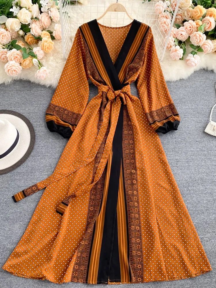 Vintage Dress, Boho Maxi Dress, Gown, India Dot in Brick, Brown and Gray