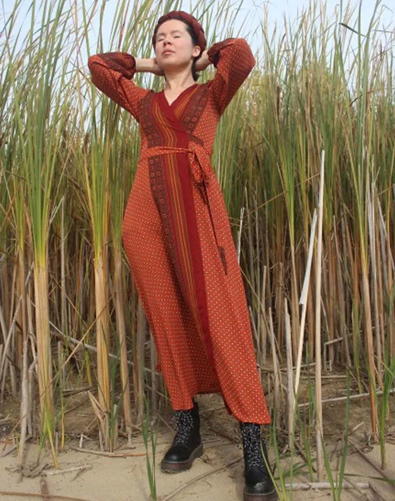 Vintage Dress, Boho Maxi Dress, Gown, India Dot in Brick, Brown and Gray