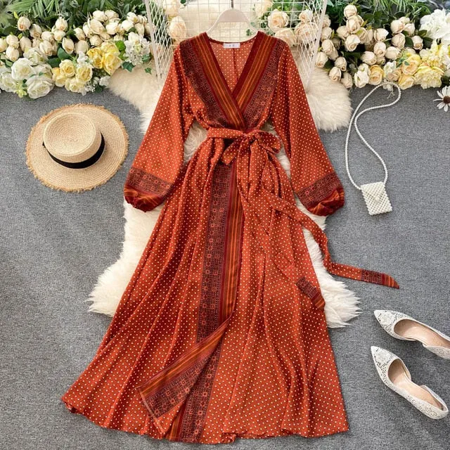 Vintage Dress, Boho Maxi Dress, Gown, India Dot in Brick, Brown and Gray
