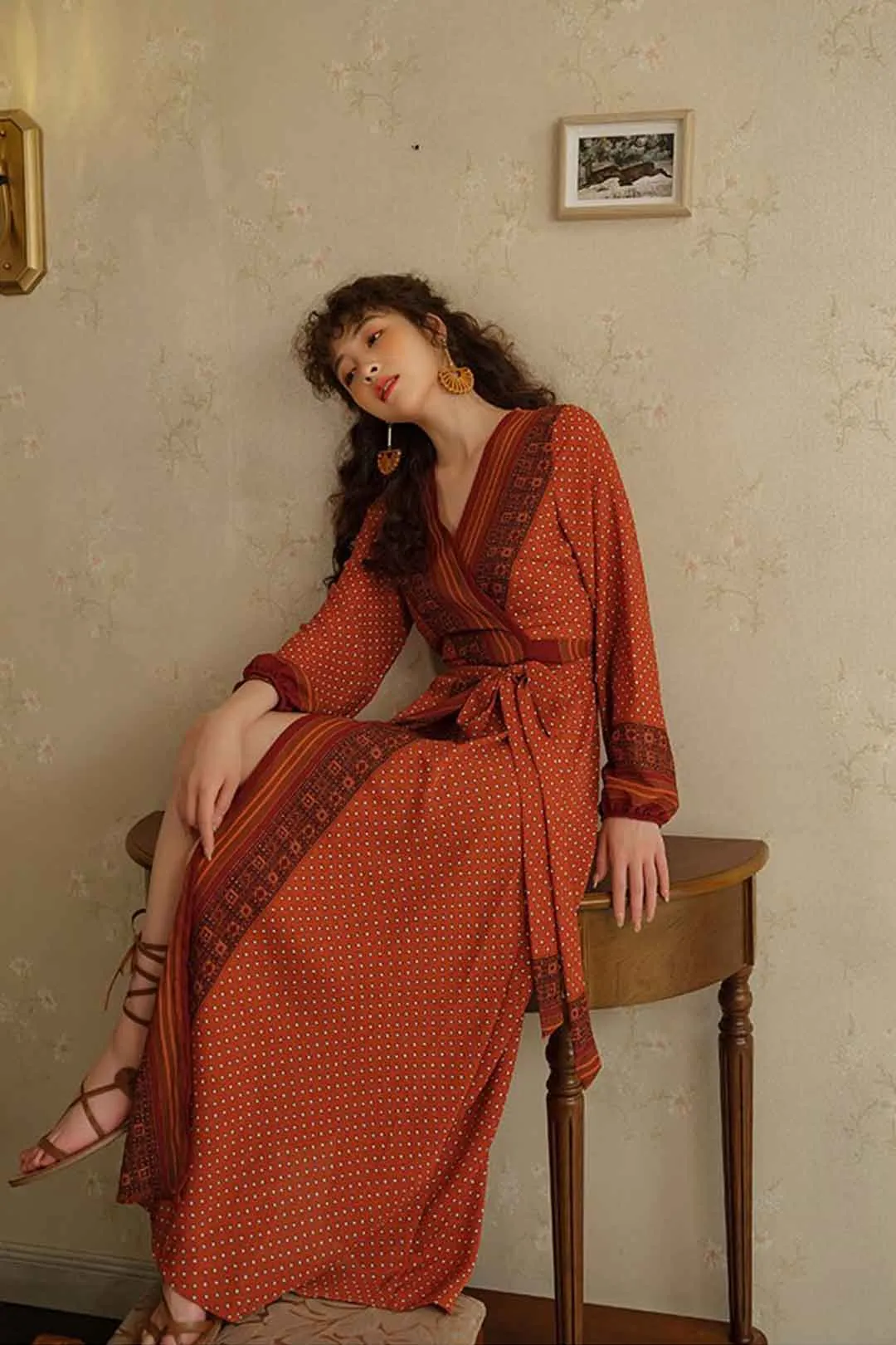 Vintage Dress, Boho Maxi Dress, Gown, India Dot in Brick, Brown and Gray