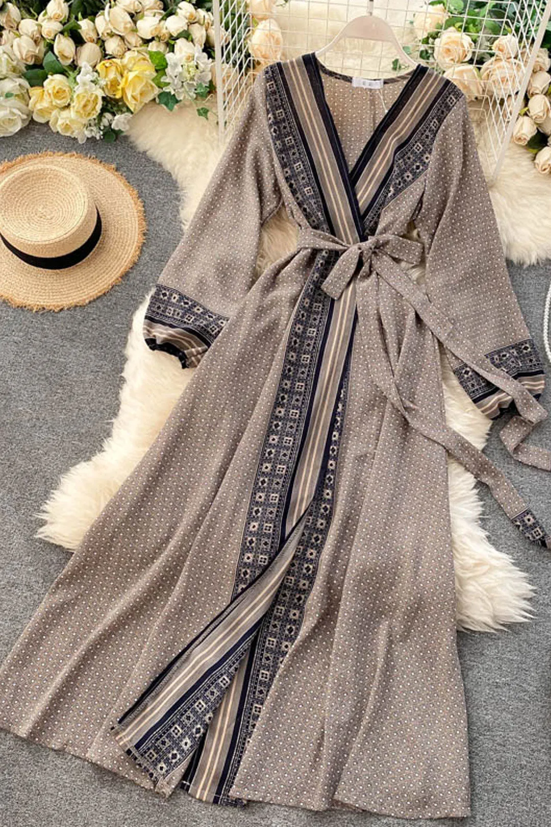 Vintage Dress, Boho Maxi Dress, Gown, India Dot in Brick, Brown and Gray