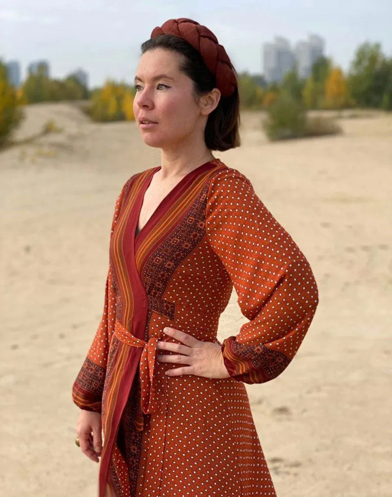 Vintage Dress, Boho Maxi Dress, Gown, India Dot in Brick, Brown and Gray