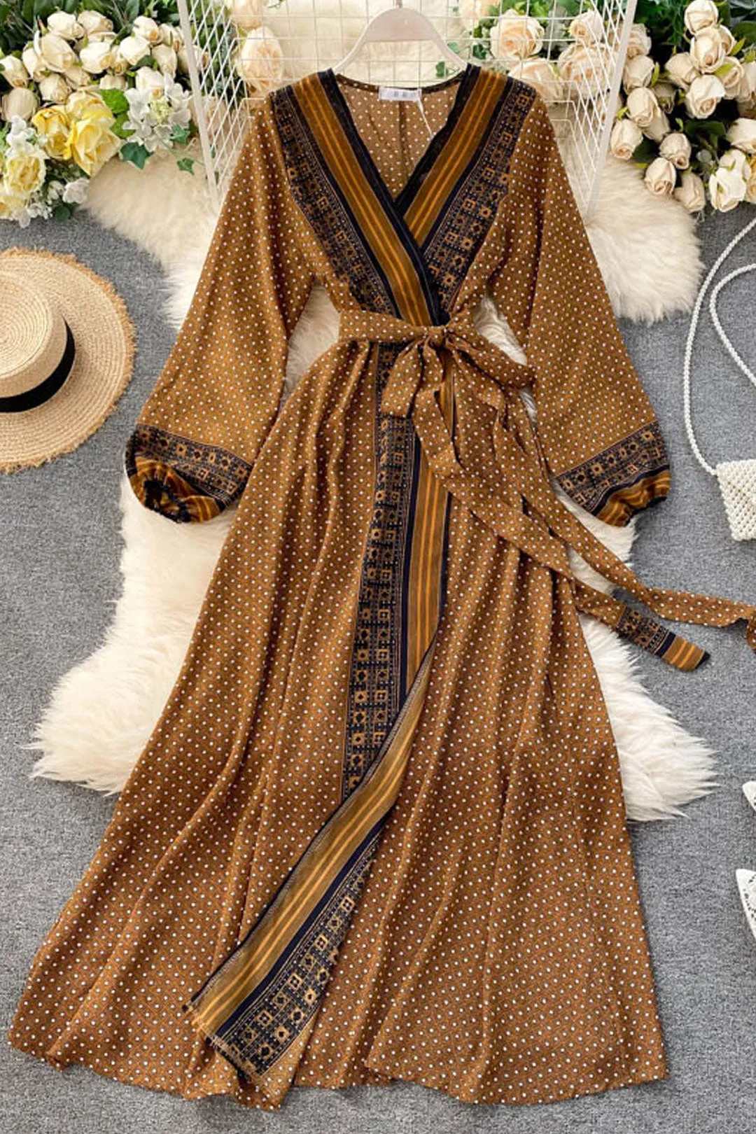 Vintage Dress, Boho Maxi Dress, Gown, India Dot in Brick, Brown and Gray