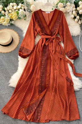 Vintage Dress, Boho Maxi Dress, Gown, India Dot in Brick, Brown and Gray