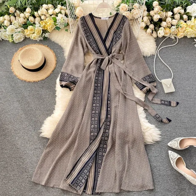 Vintage Dress, Boho Maxi Dress, Gown, India Dot in Brick, Brown and Gray