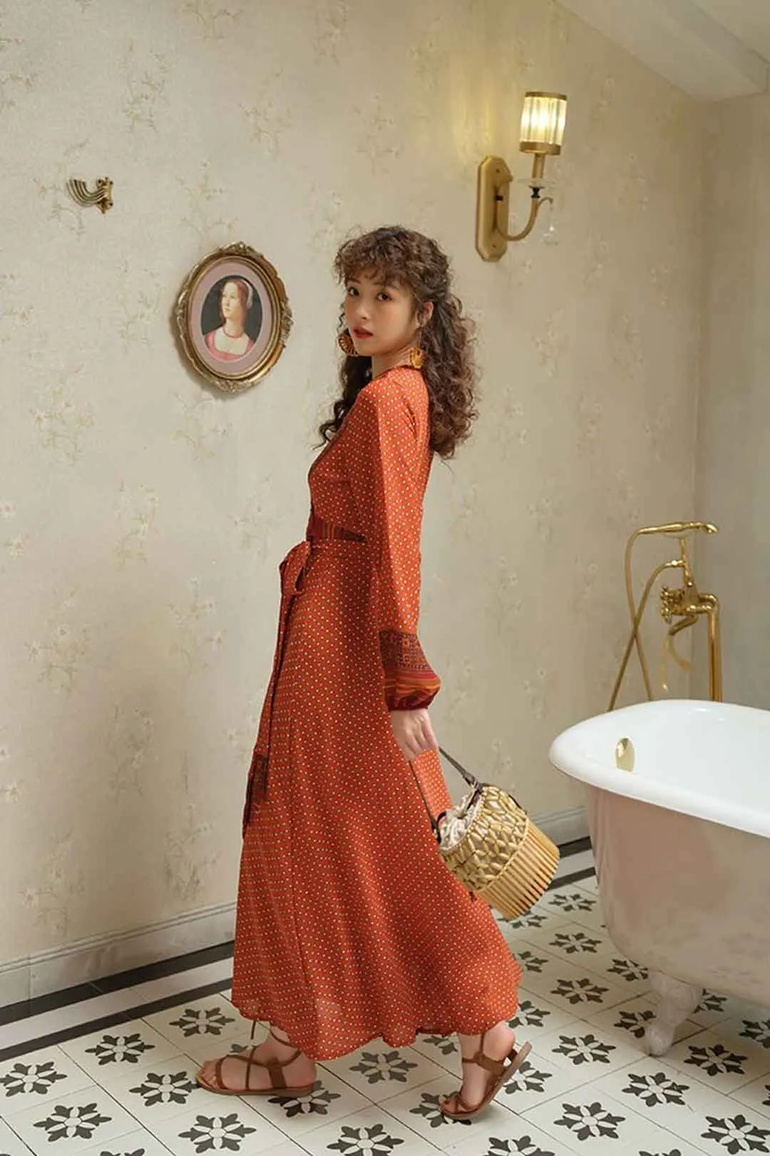 Vintage Dress, Boho Maxi Dress, Gown, India Dot in Brick, Brown and Gray