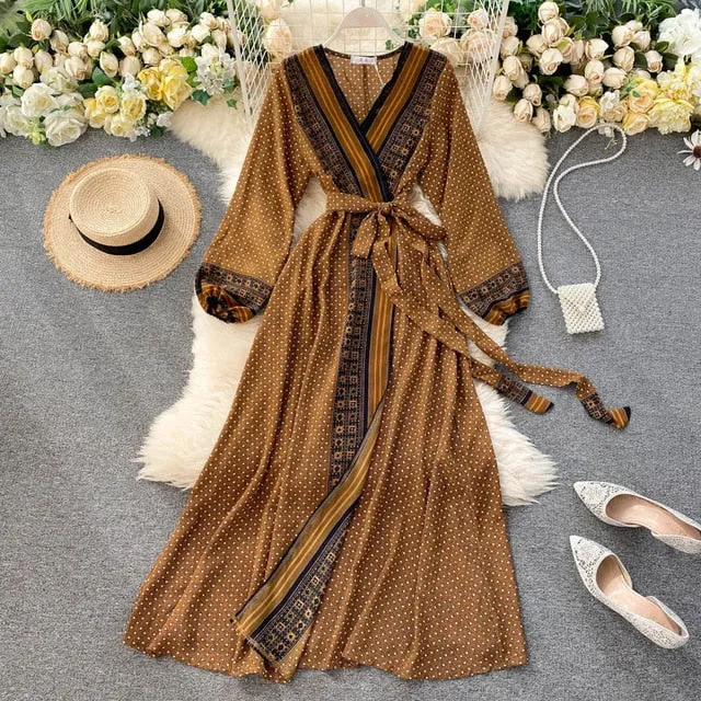 Vintage Dress, Boho Maxi Dress, Gown, India Dot in Brick, Brown and Gray