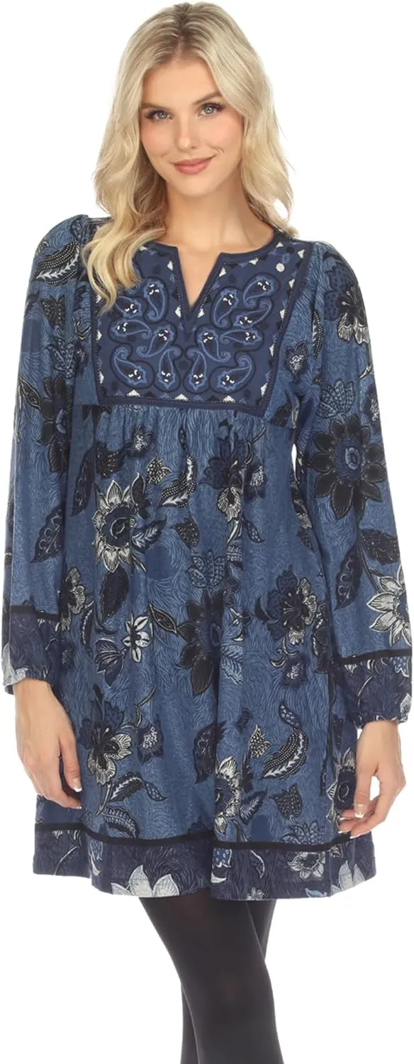 white mark Women's Floral Paisley Long Sleeve Embroidered Relaxed Sweater Dress