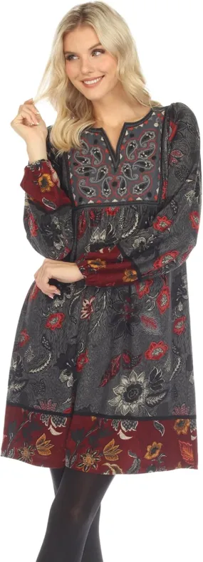 white mark Women's Floral Paisley Long Sleeve Embroidered Relaxed Sweater Dress