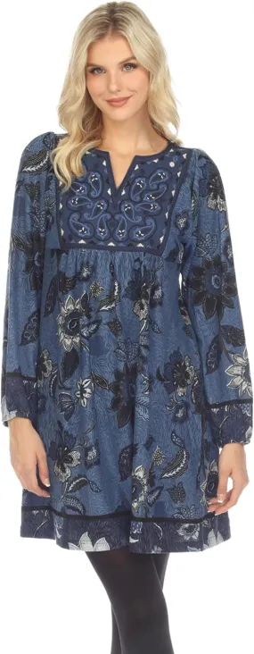 white mark Women's Floral Paisley Long Sleeve Embroidered Relaxed Sweater Dress