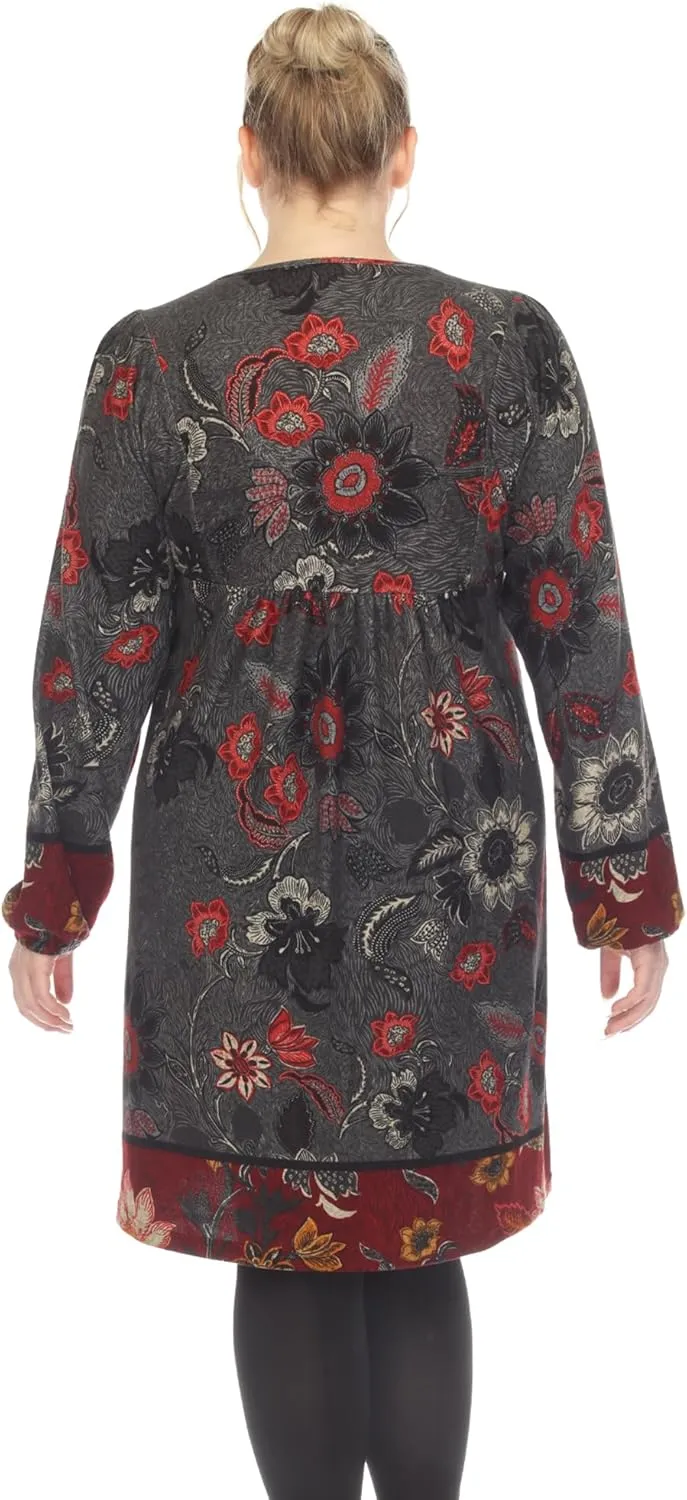 white mark Women's Floral Paisley Long Sleeve Embroidered Relaxed Sweater Dress