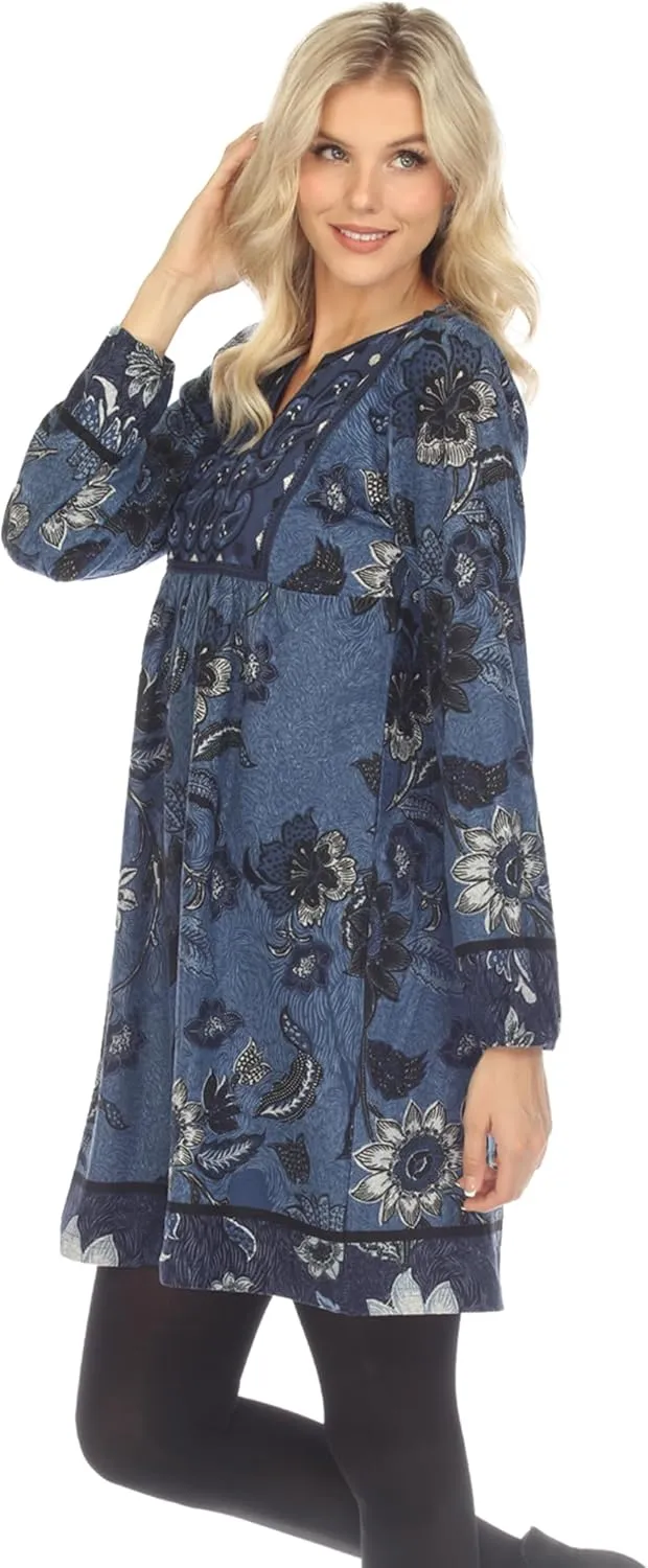 white mark Women's Floral Paisley Long Sleeve Embroidered Relaxed Sweater Dress