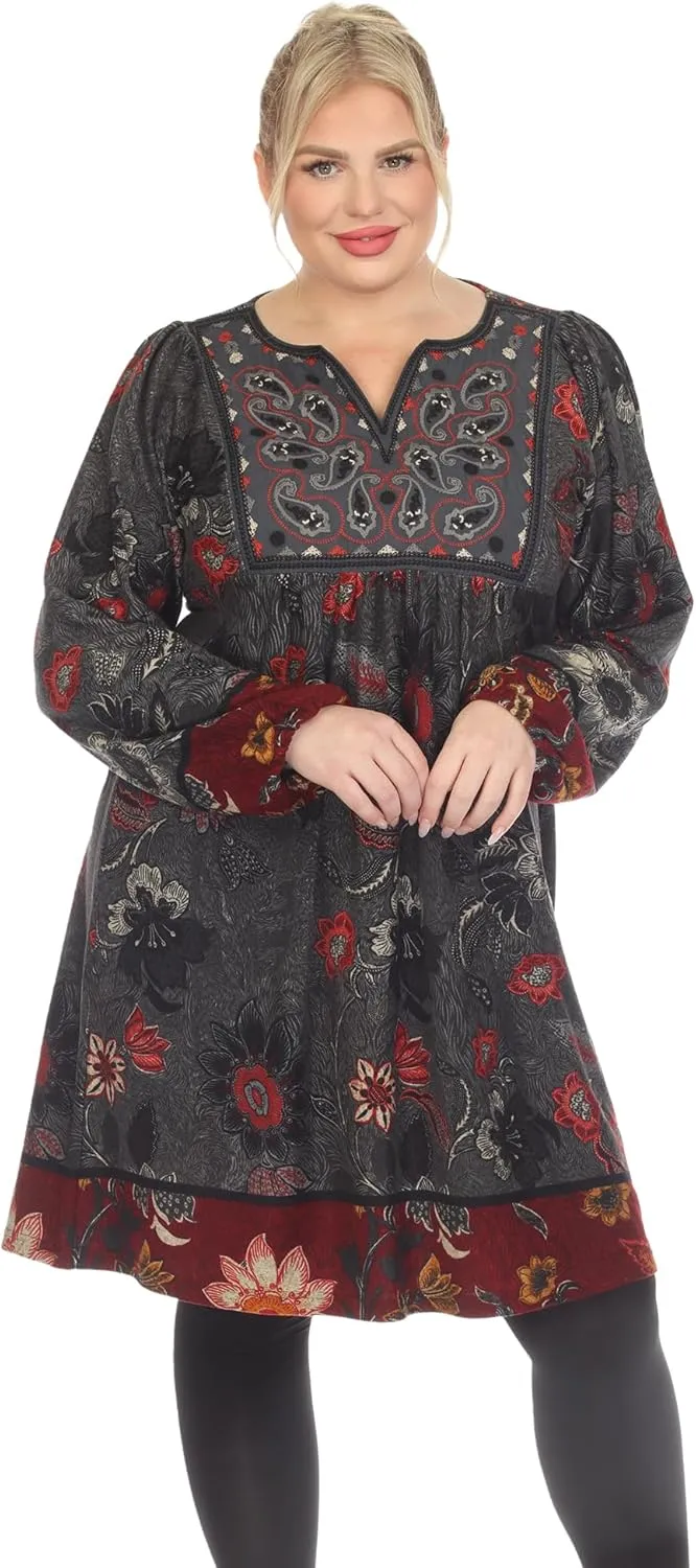 white mark Women's Floral Paisley Long Sleeve Embroidered Relaxed Sweater Dress