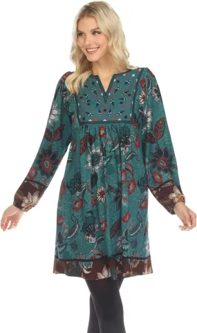 white mark Women's Floral Paisley Long Sleeve Embroidered Relaxed Sweater Dress