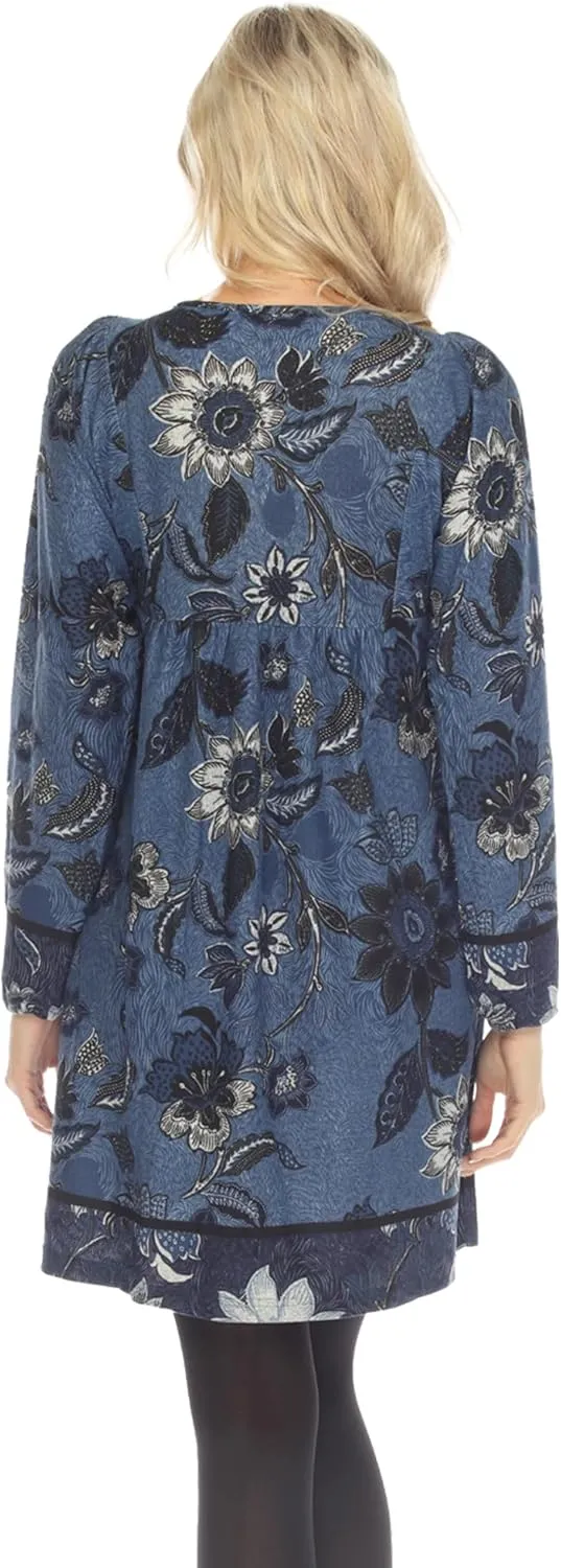 white mark Women's Floral Paisley Long Sleeve Embroidered Relaxed Sweater Dress