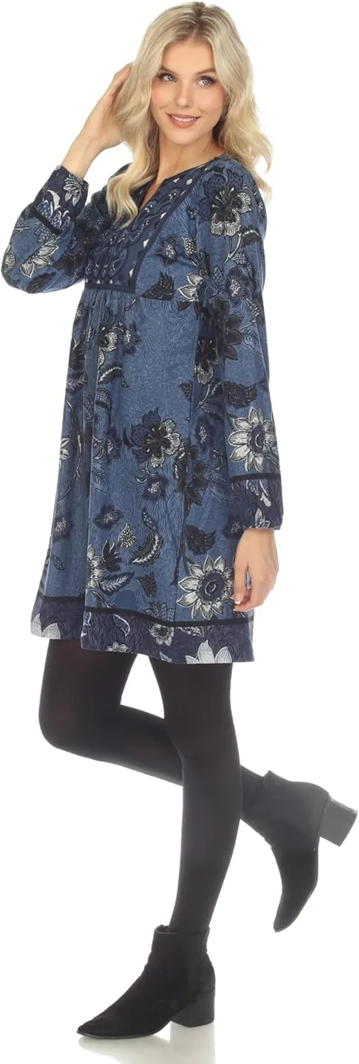 white mark Women's Floral Paisley Long Sleeve Embroidered Relaxed Sweater Dress