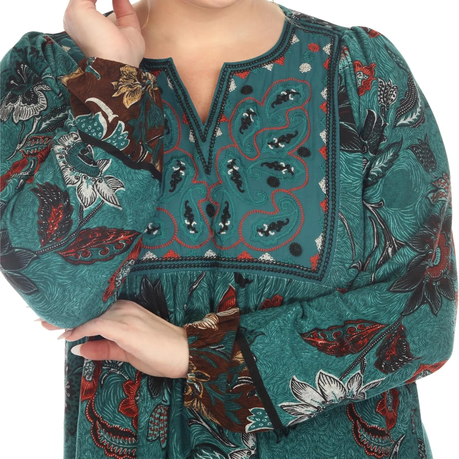white mark Women's Floral Paisley Long Sleeve Embroidered Relaxed Sweater Dress