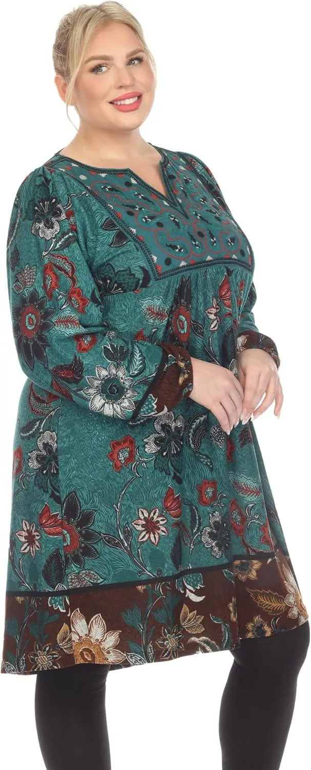 white mark Women's Floral Paisley Long Sleeve Embroidered Relaxed Sweater Dress