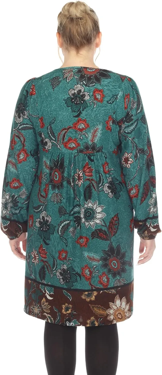 white mark Women's Floral Paisley Long Sleeve Embroidered Relaxed Sweater Dress