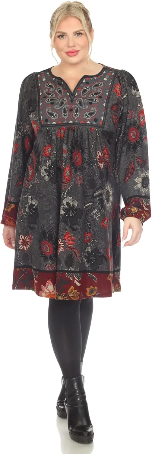 white mark Women's Floral Paisley Long Sleeve Embroidered Relaxed Sweater Dress