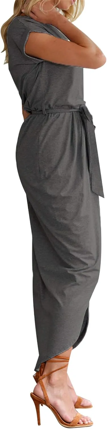 WIWIQS Women's Casual Short Sleeve Slit Dress Summer Solid Party Long Maxi Dress Knee Length Dress