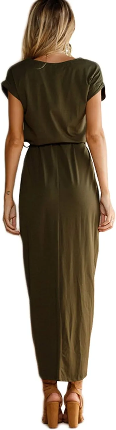 WIWIQS Women's Casual Short Sleeve Slit Dress Summer Solid Party Long Maxi Dress Knee Length Dress