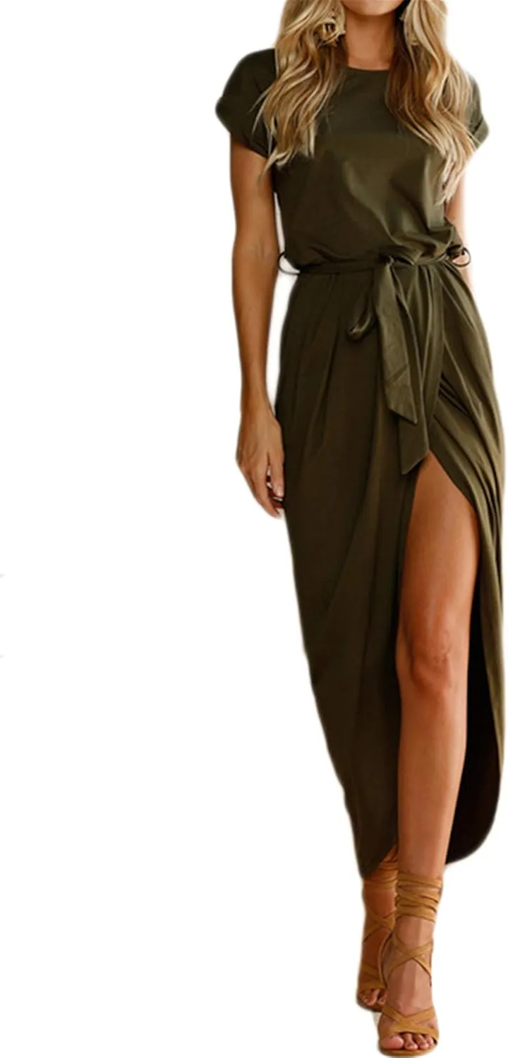 WIWIQS Women's Casual Short Sleeve Slit Dress Summer Solid Party Long Maxi Dress Knee Length Dress
