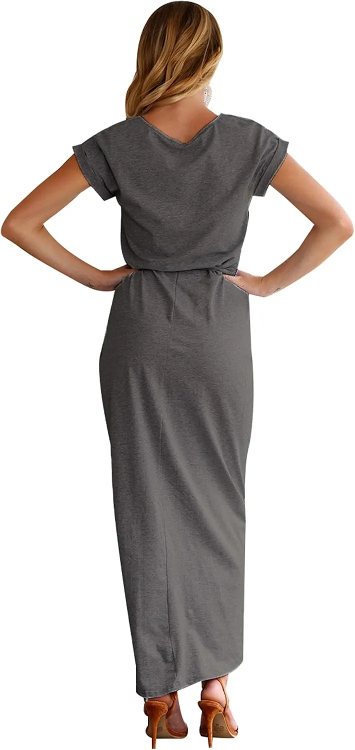 WIWIQS Women's Casual Short Sleeve Slit Dress Summer Solid Party Long Maxi Dress Knee Length Dress