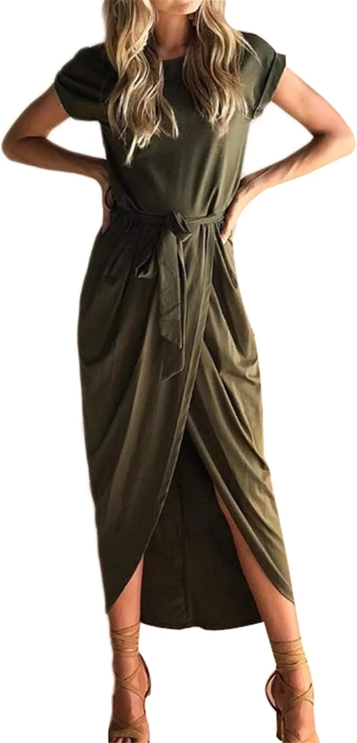 WIWIQS Women's Casual Short Sleeve Slit Dress Summer Solid Party Long Maxi Dress Knee Length Dress