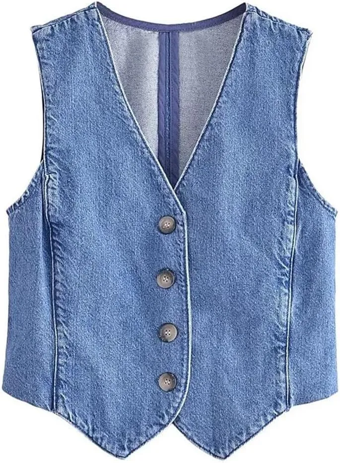 Women Denim Vest Jean Top Front Button Waistcoat Vintage V Neck Sleeveless Outerwear Chic Vest