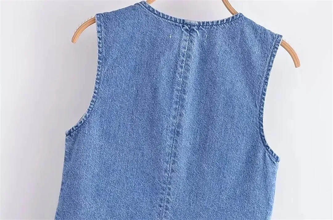 Women Denim Vest Jean Top Front Button Waistcoat Vintage V Neck Sleeveless Outerwear Chic Vest